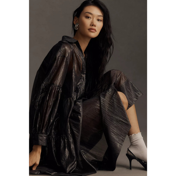 Pilcro Long-Sleeve V-Neck Metallic High-Low Dress - New XS - Picture 4 of 5